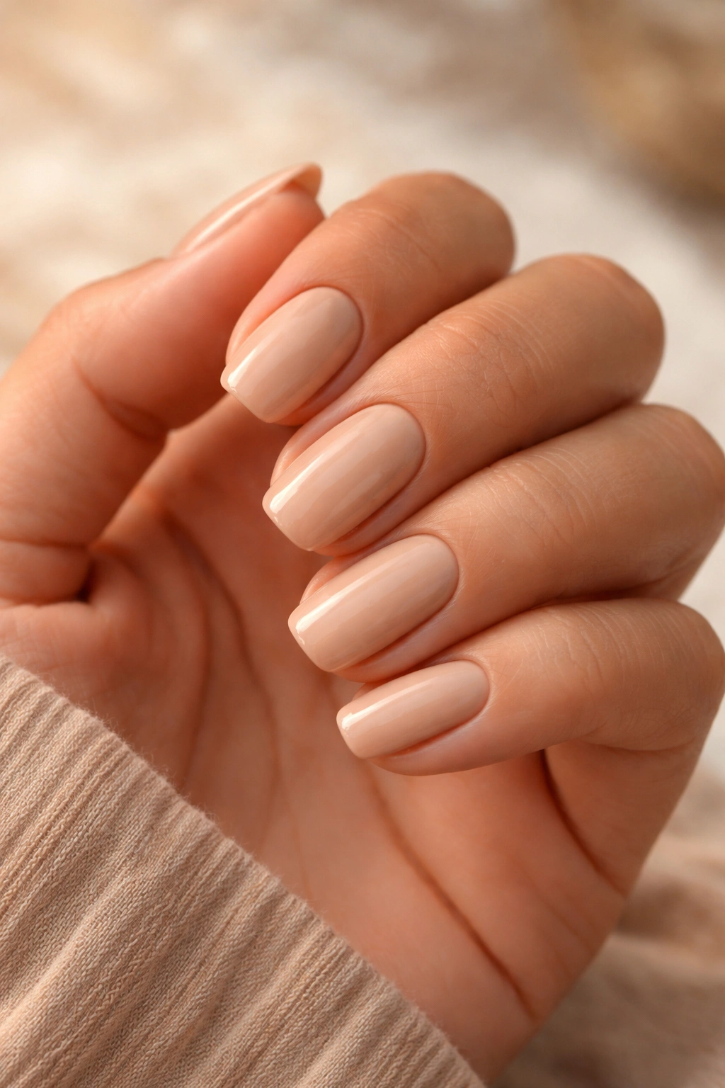 Close-up of nails painted in warm sand neutral shade on olive-toned skin