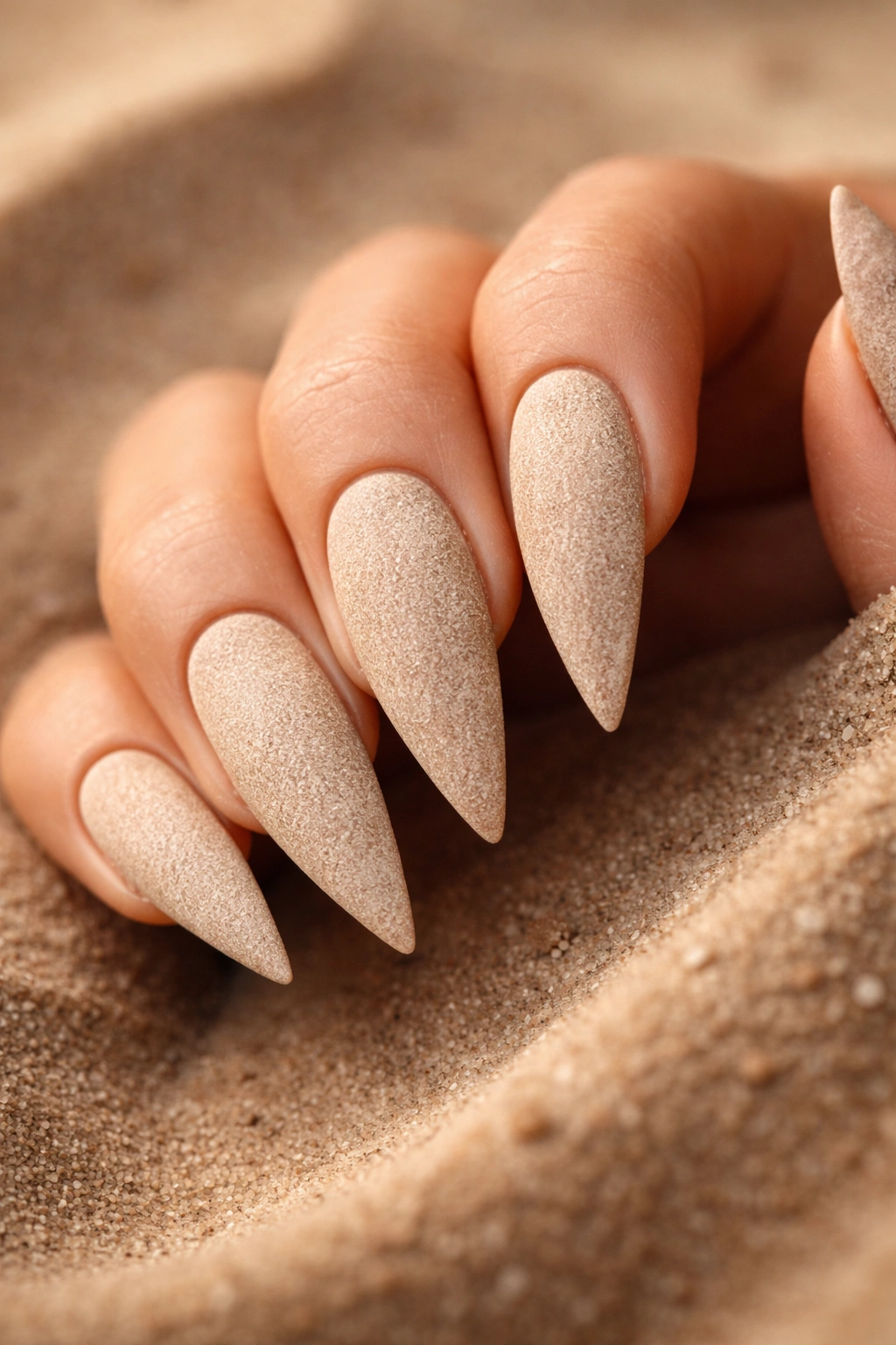 Warm sand stiletto nails with stone texture finish