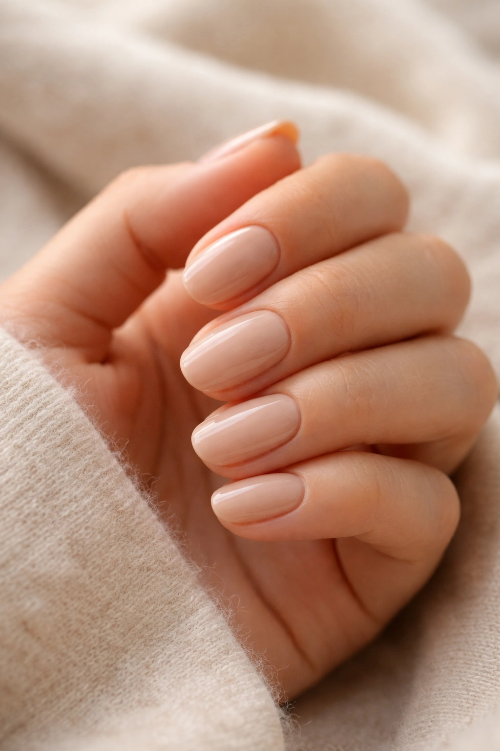 Close-up of short oval nails with warm sand overlay on a hand