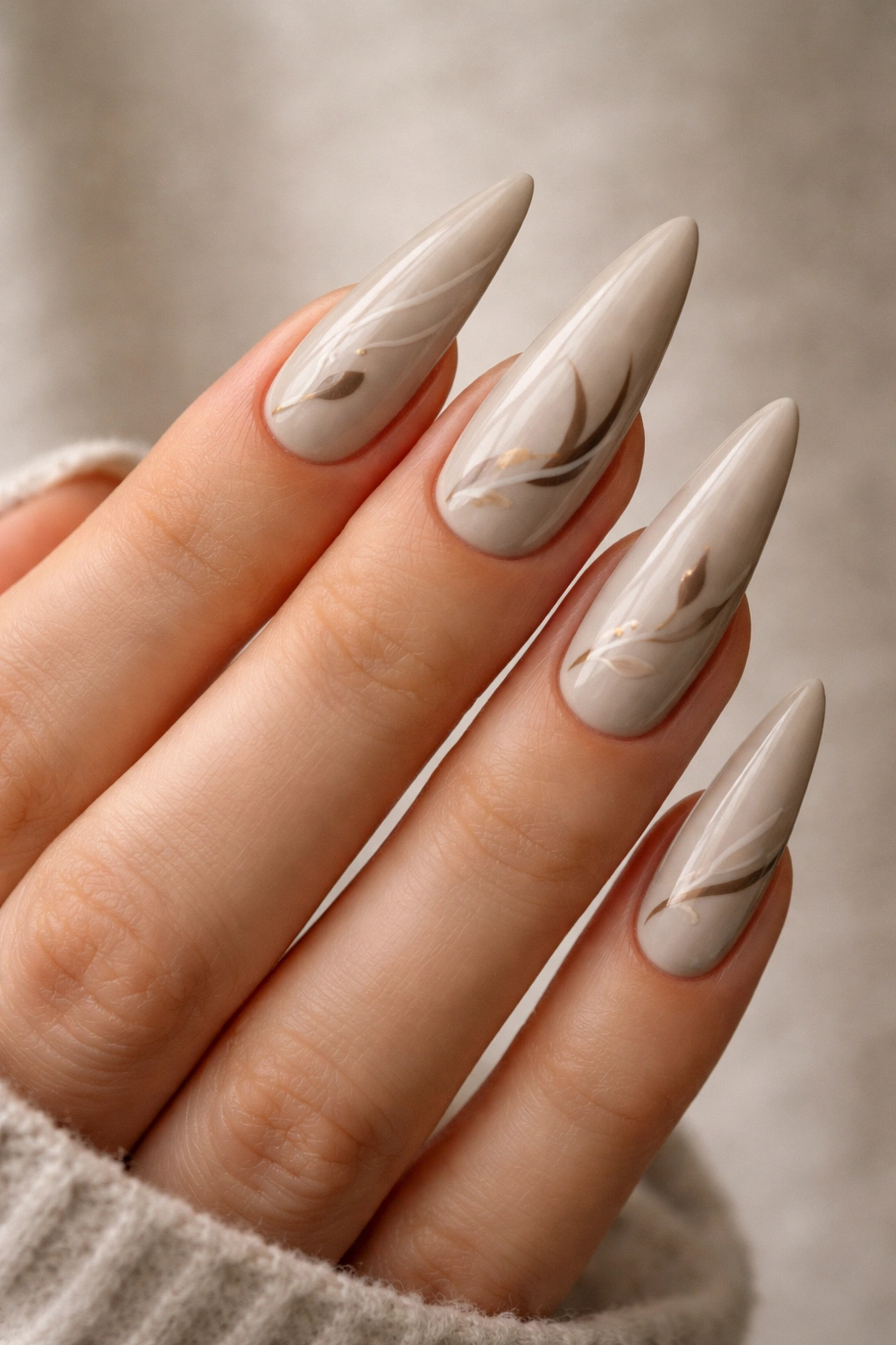 Warm stone stiletto nails with hand-painted details close-up