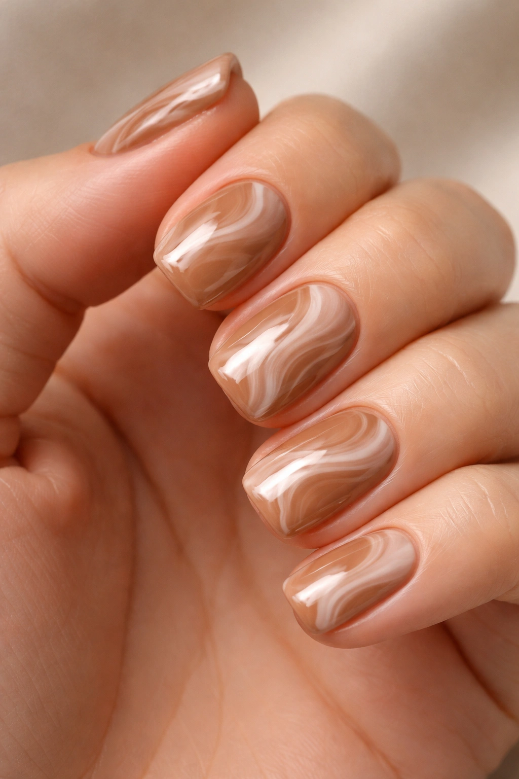 Close-up of warm tan-brown nails with white marble swirl pattern