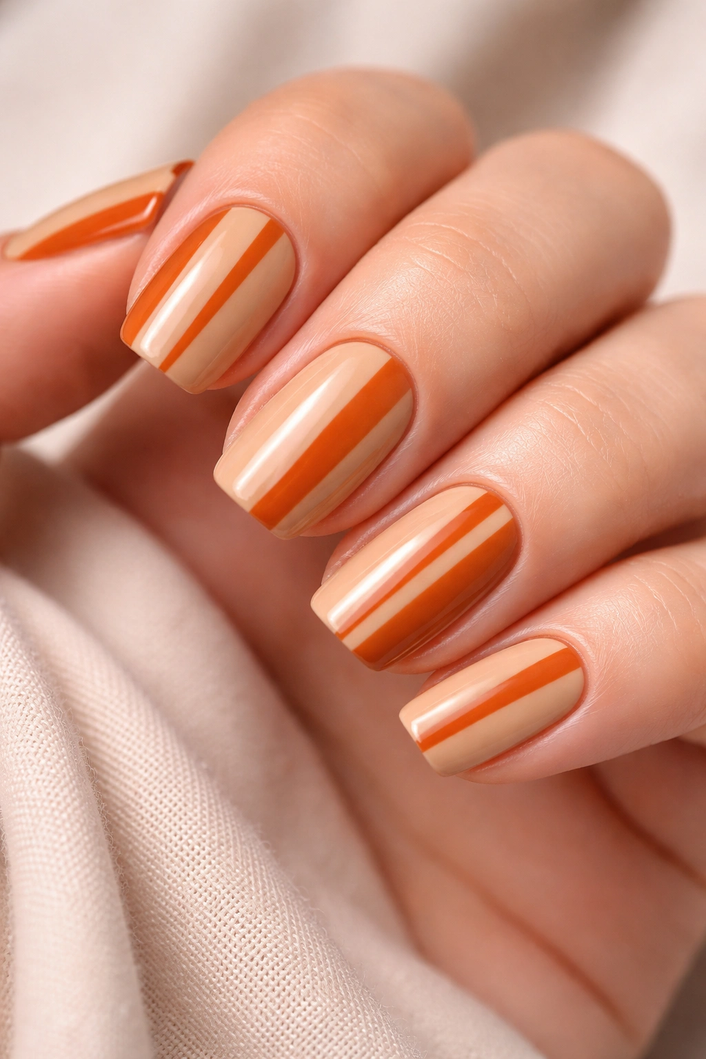 Close-up of warm tan acrylic nails with burnt orange vertical stripes