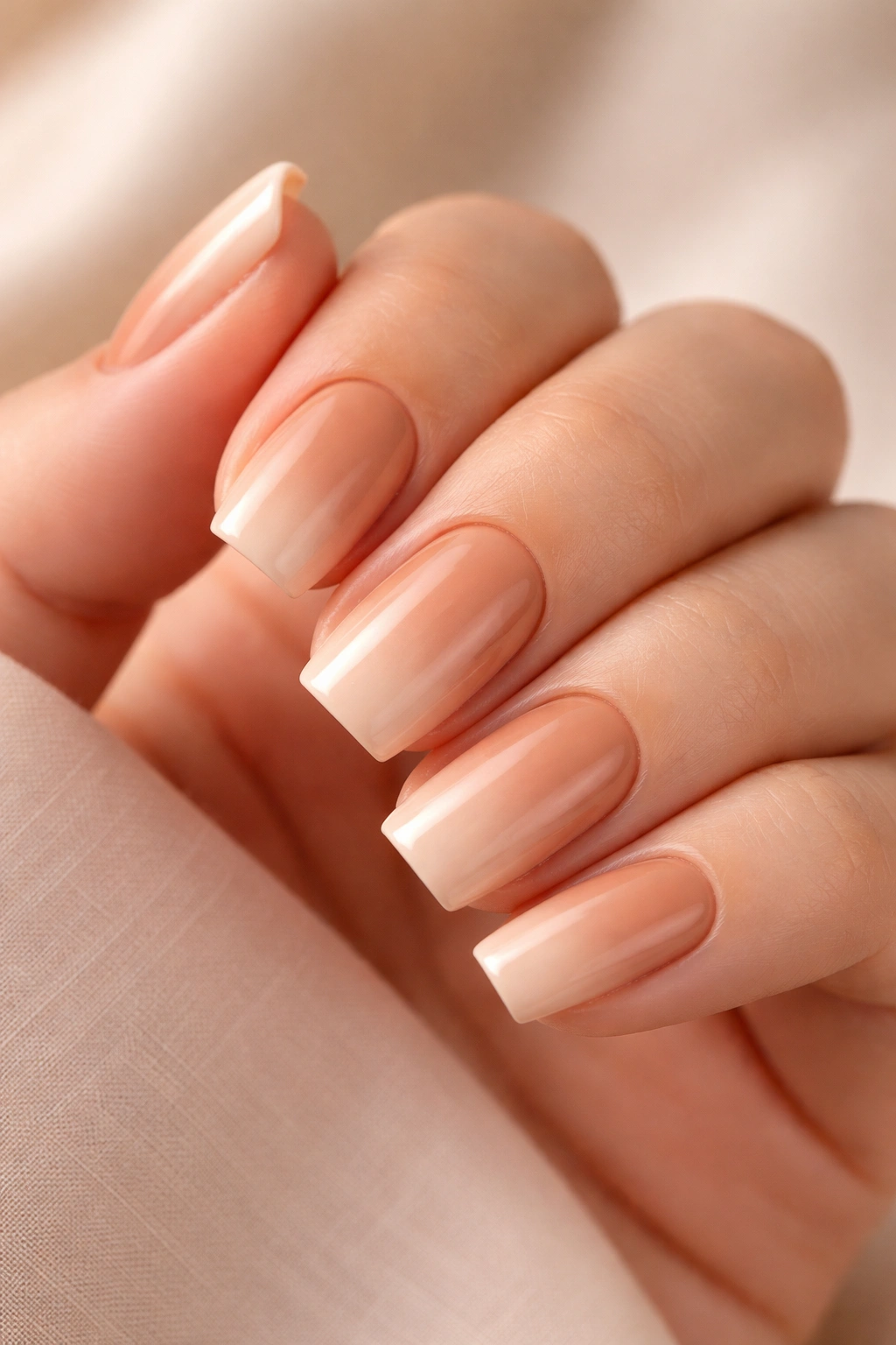 Warm tan nails with nude ombre tips on short soft square nails