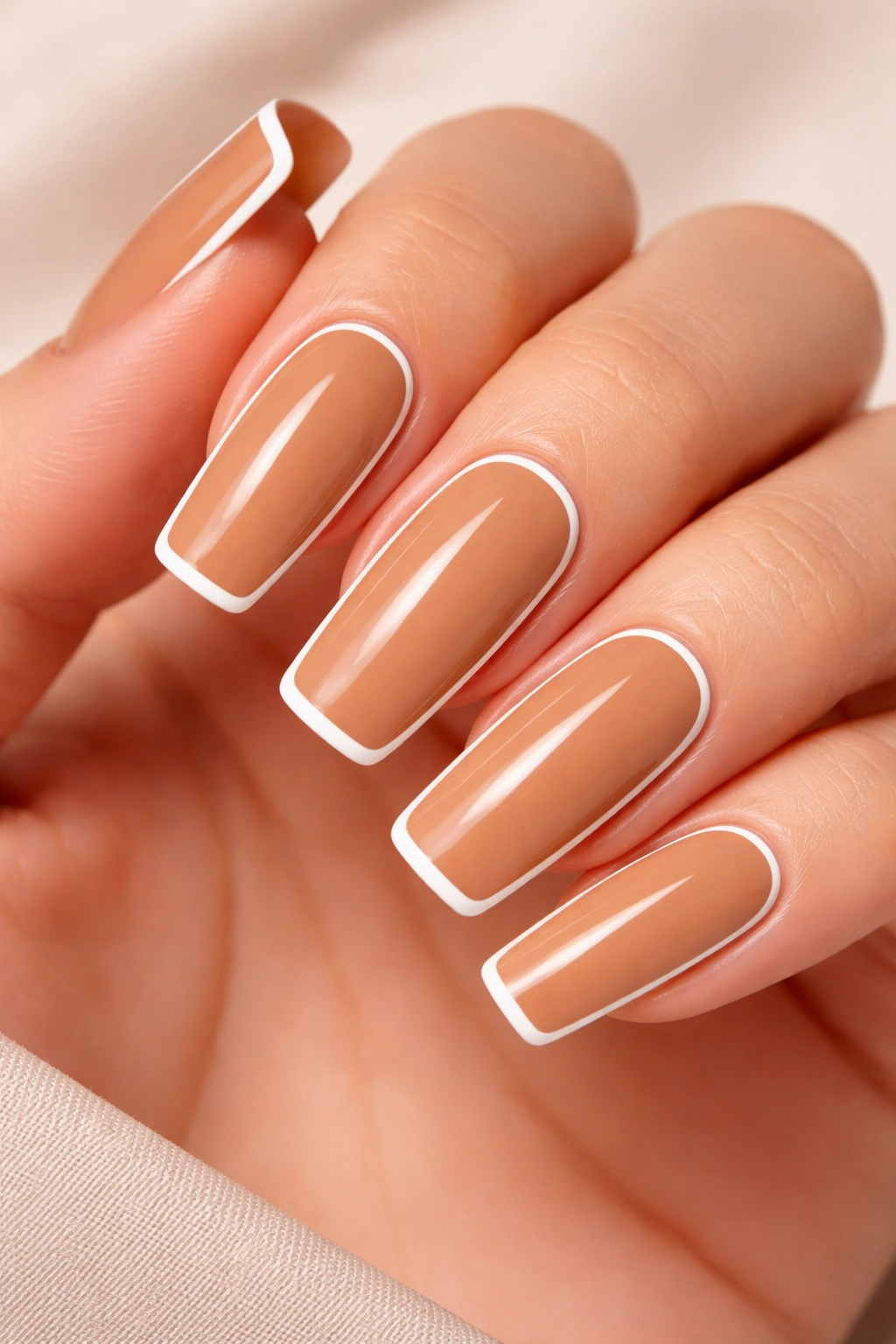 Close-up of warm tan nails with a thin white outline around the edge on long squoval nails