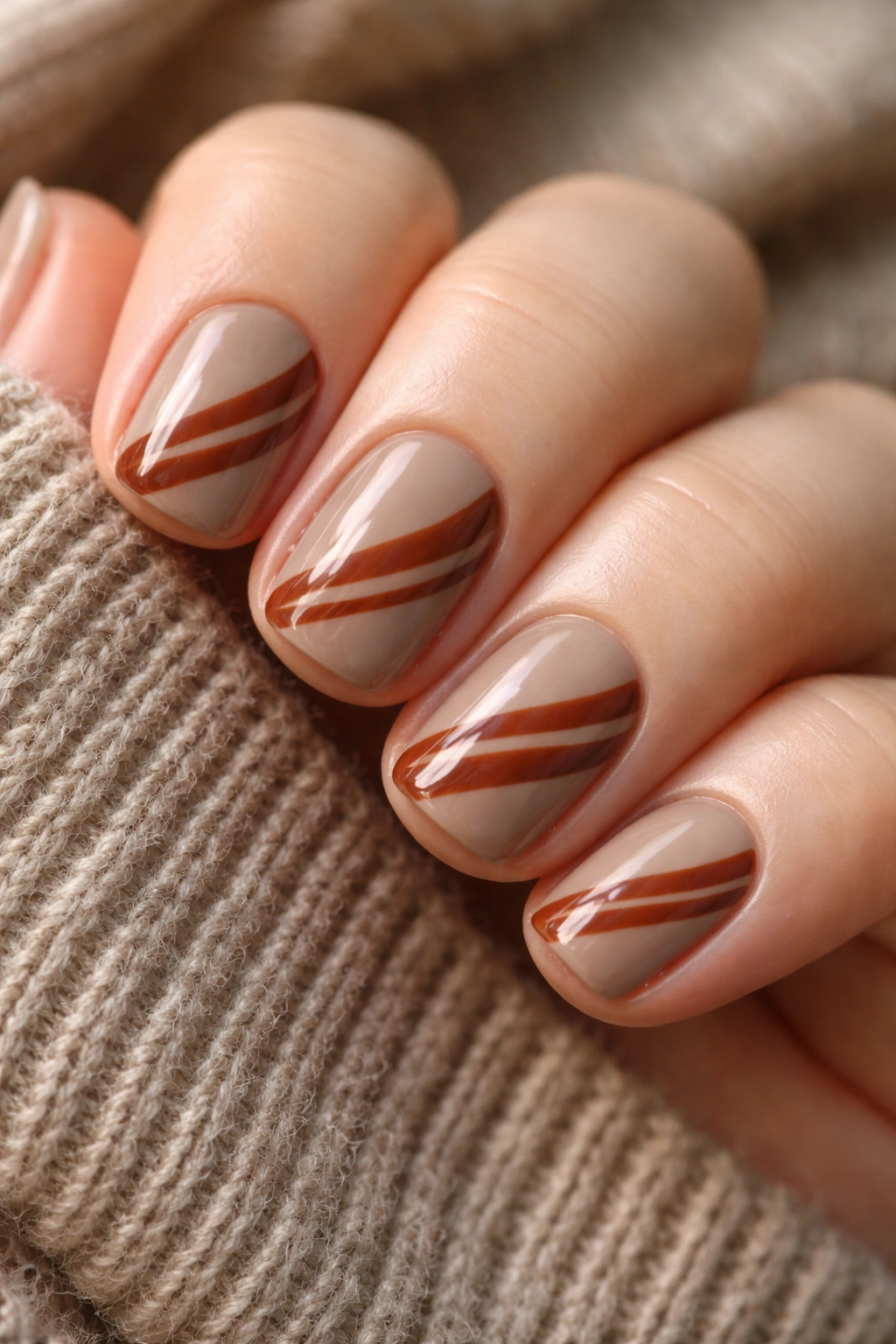 Close-up of taupe nails with burnt sienna stripes