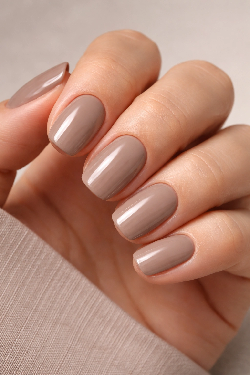 Nails painted in warm taupe greige manicure close-up