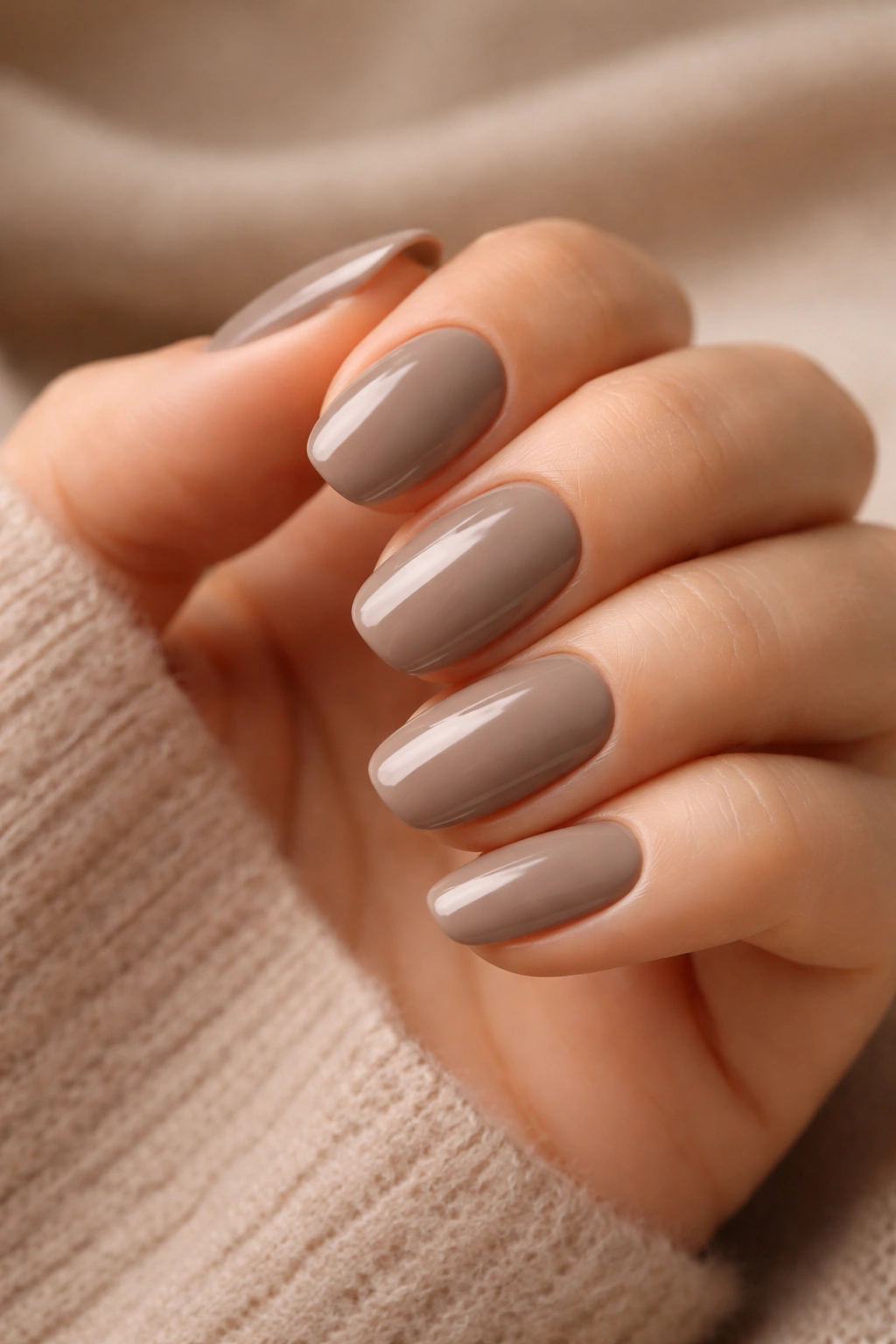 Close-up of warm taupe nails on a beige background