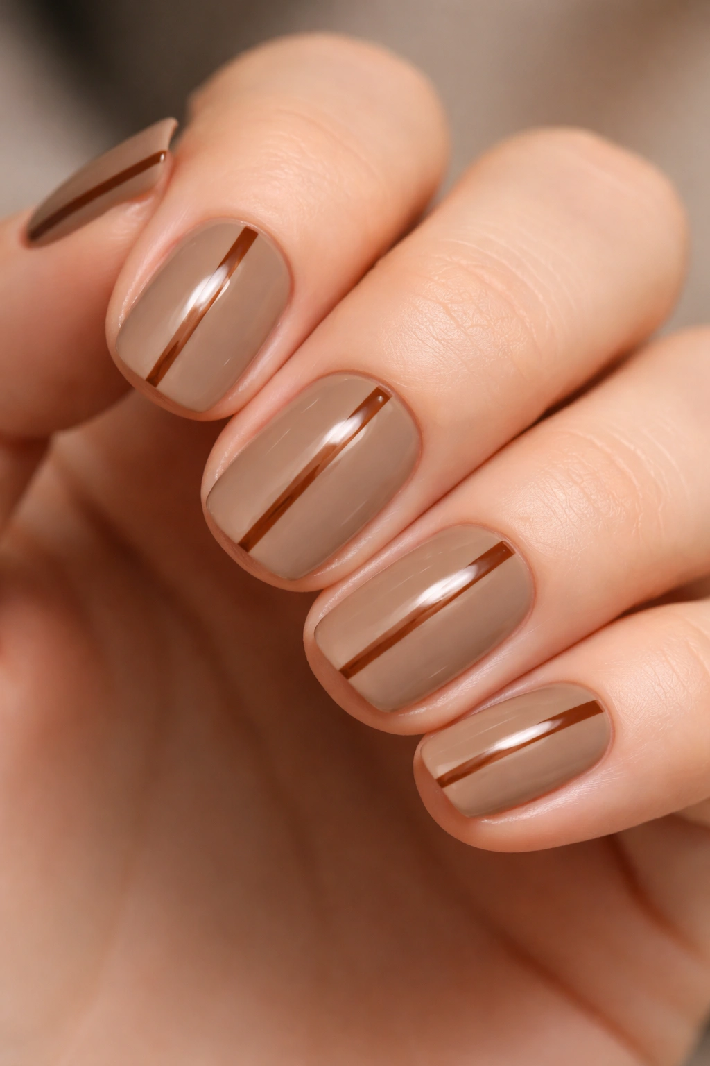 Close-up of taupe nails with a single chestnut stripe