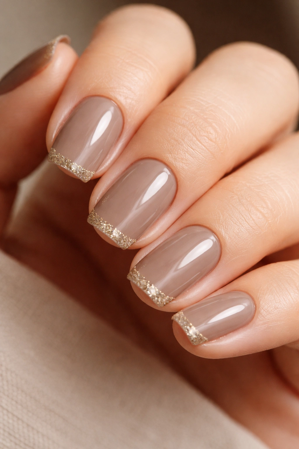 Close-up of short squoval nails in warm taupe with gold glitter tips