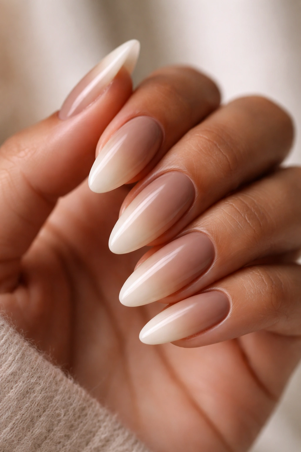 Almond nails warm taupe to ivory cream gradient