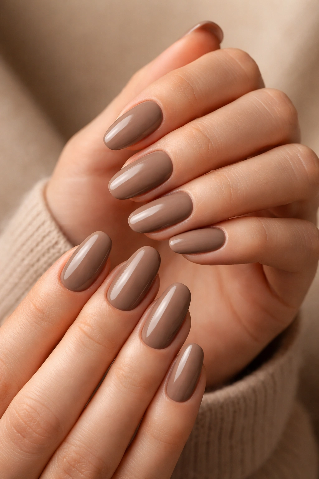 Close-up of warm taupe nails on a neutral background