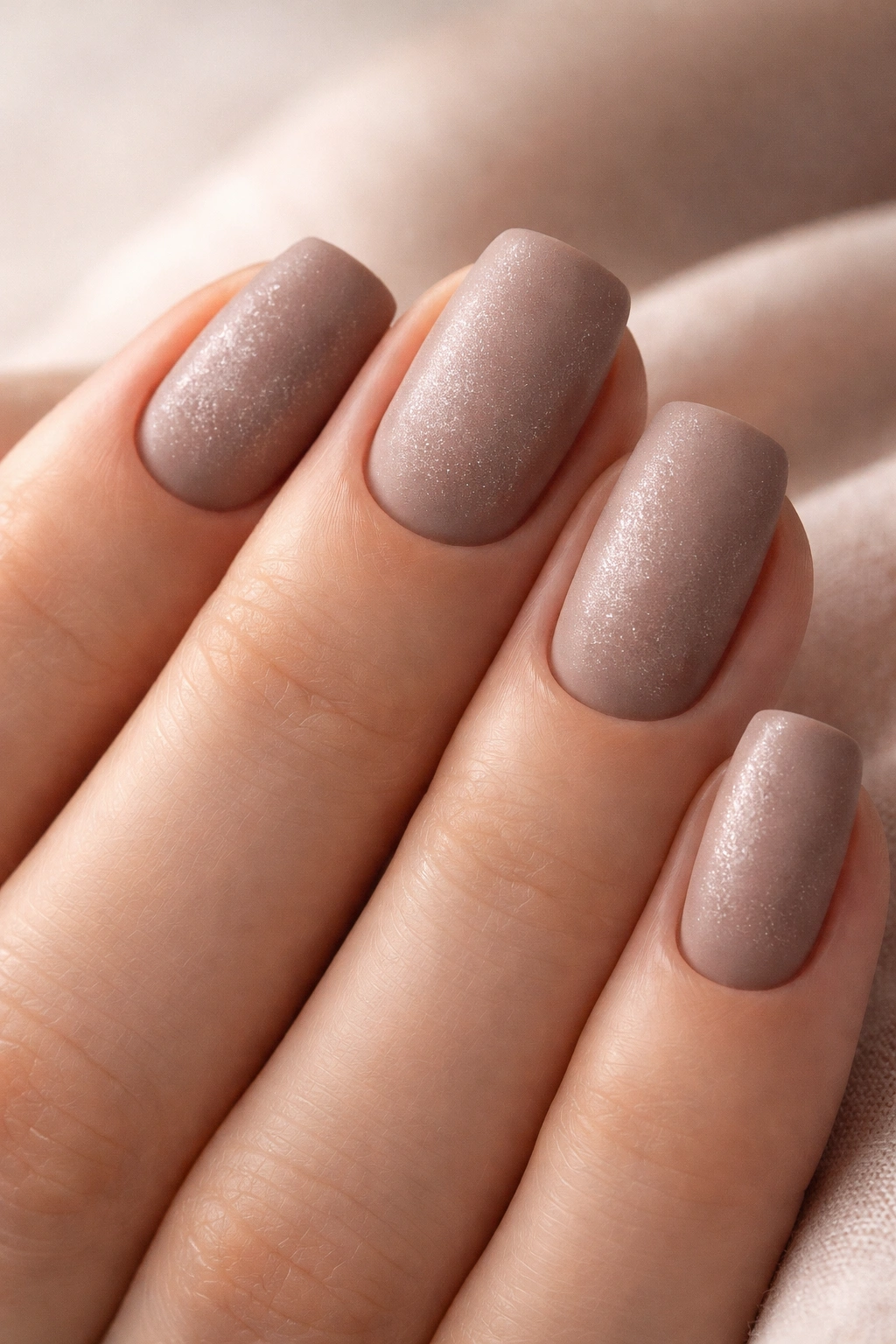 Close-up of warm taupe matte nails with subtle shimmer