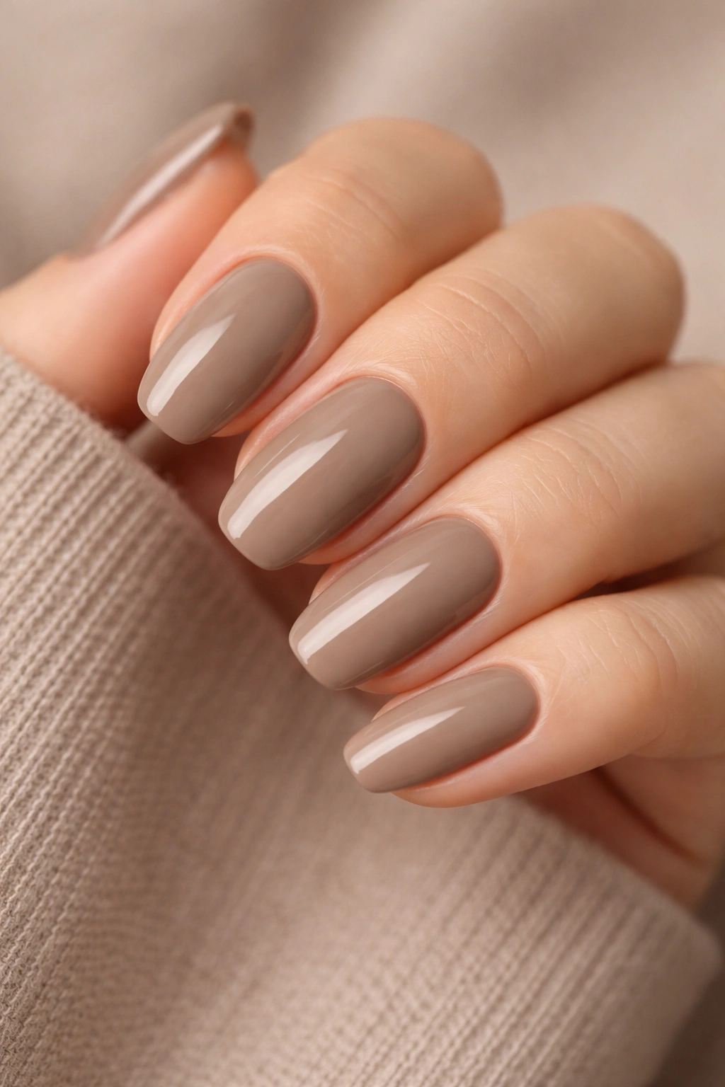 Close-up of warm taupe nails on a manicured hand against a neutral backdrop
