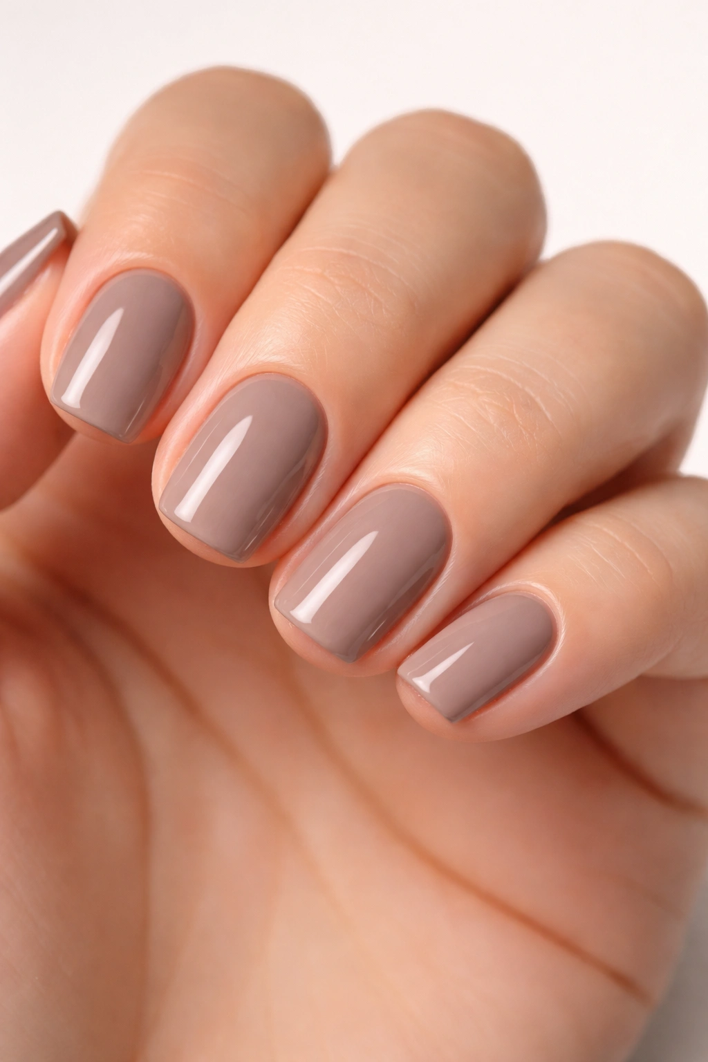 Warm taupe nails on short squoval shape.