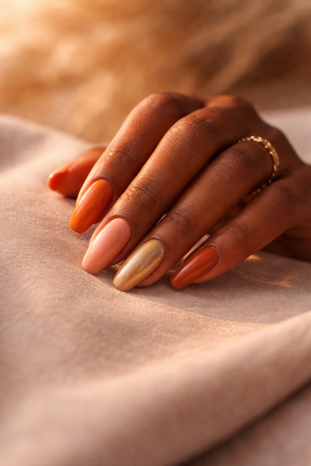 Hand with warm-toned nails resting on neutral surface in golden-hour light