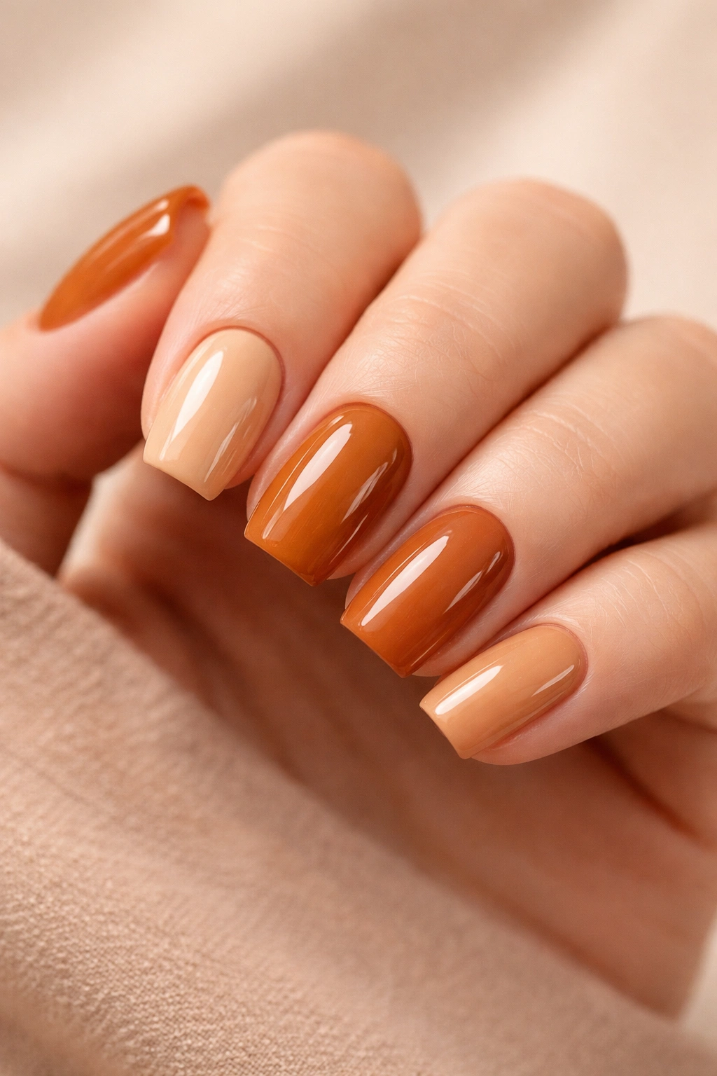 Close-up of a hand with short squoval nails in warm-toned amber and nude acrylic finish
