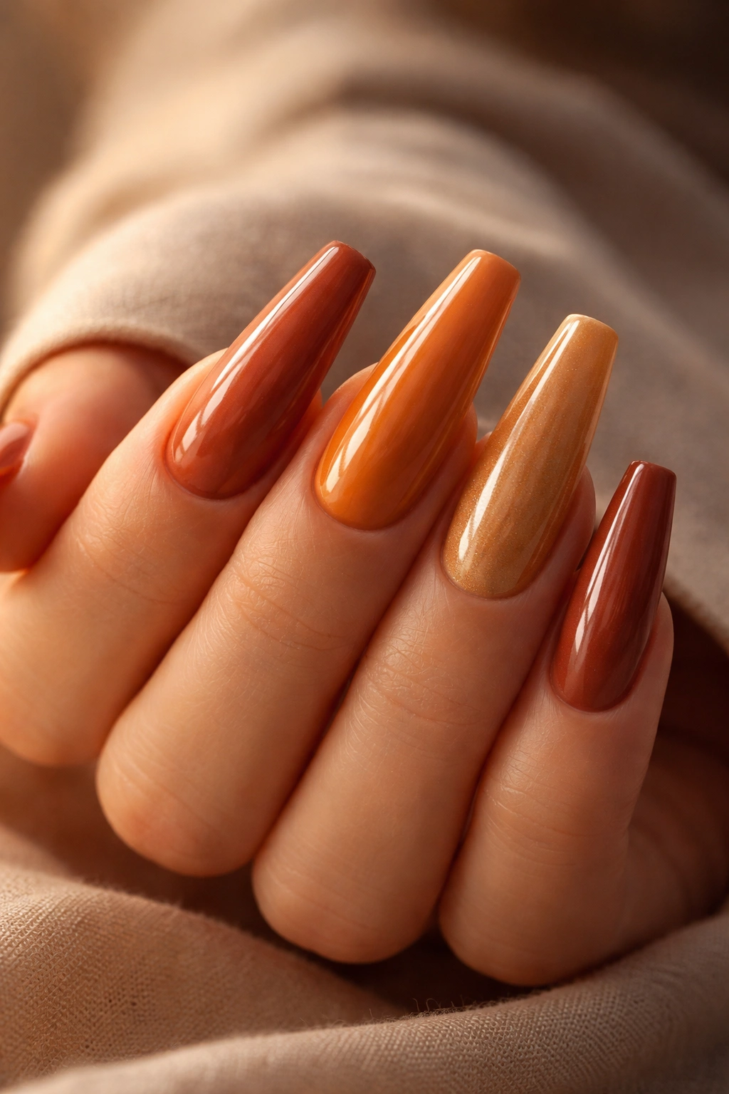 Close-up of coffin nails in warm terracotta tones on a hand, studio lighting