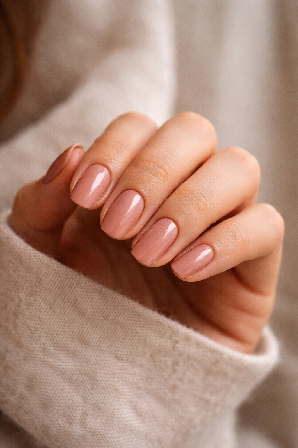 Close-up of a hand with short oval nails in a warm rose-beige shade against a neutral background
