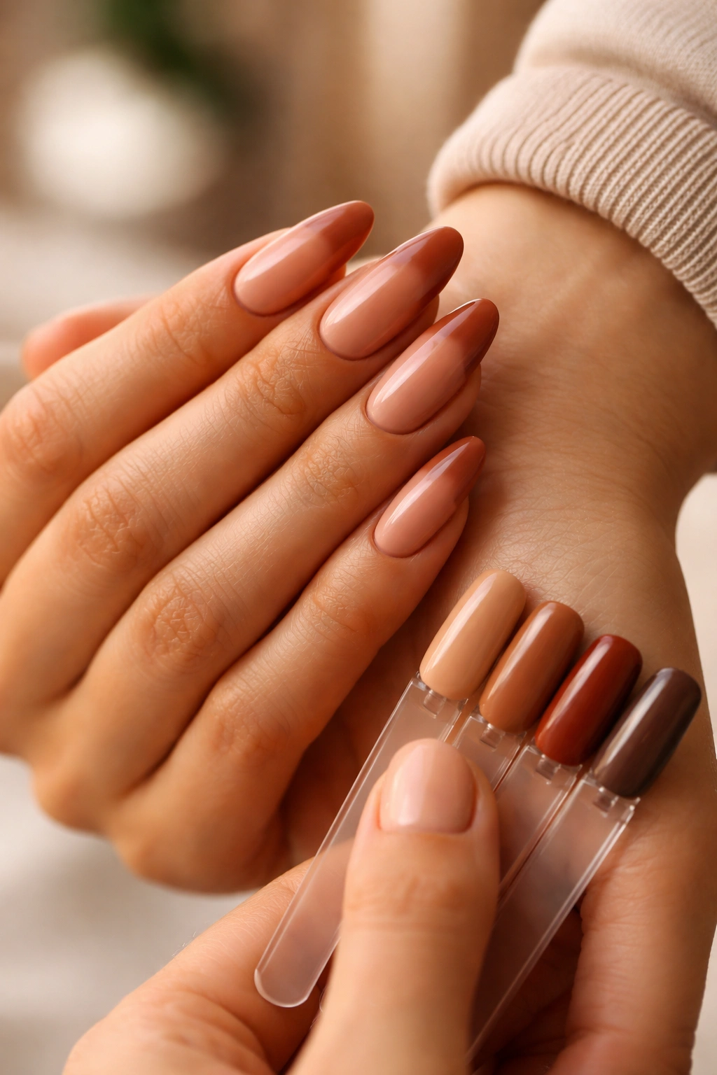 Hand with almond nails painted in a flattering warm tone under soft lighting.