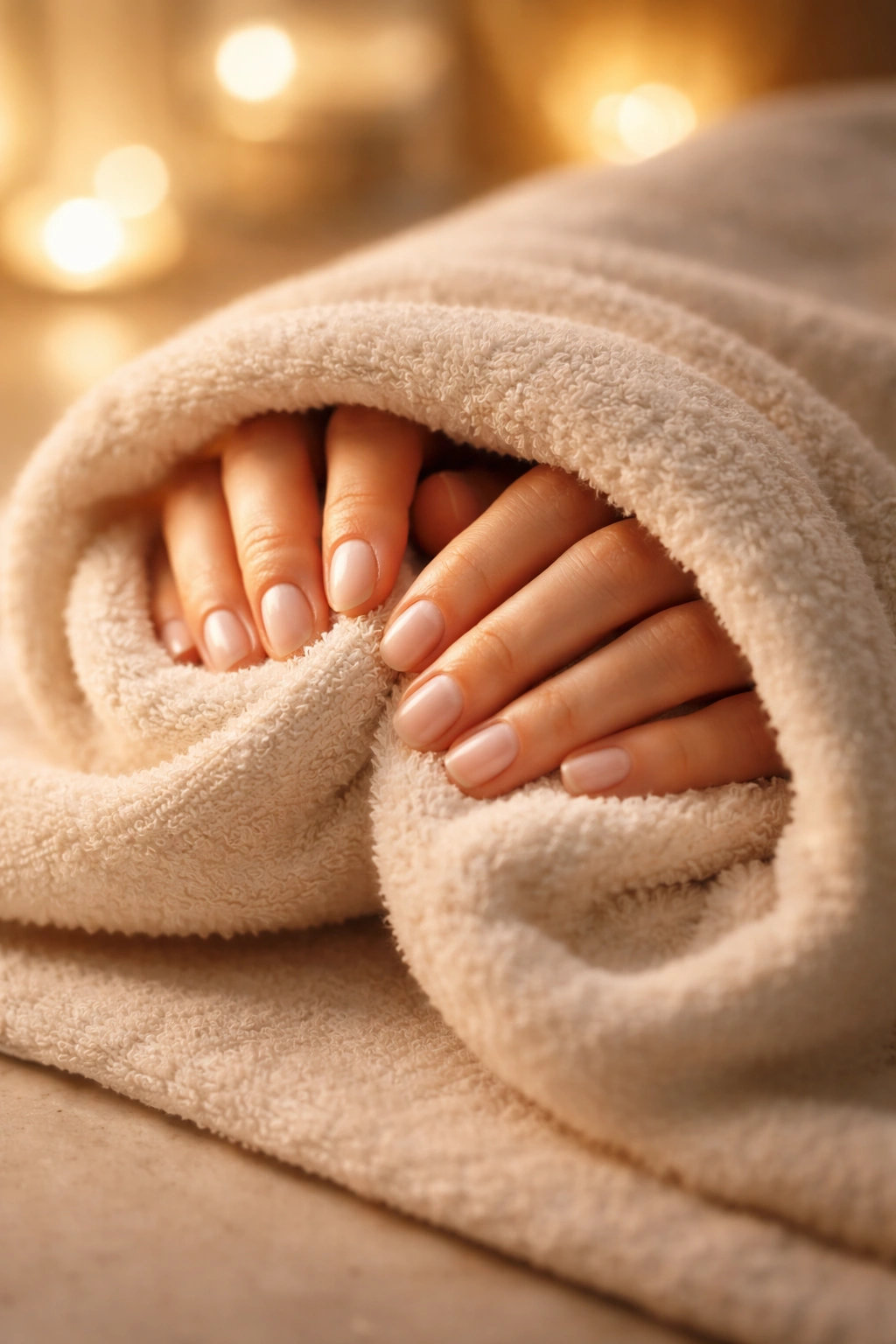 Hands with warm towel draped over nails during gel polish removal