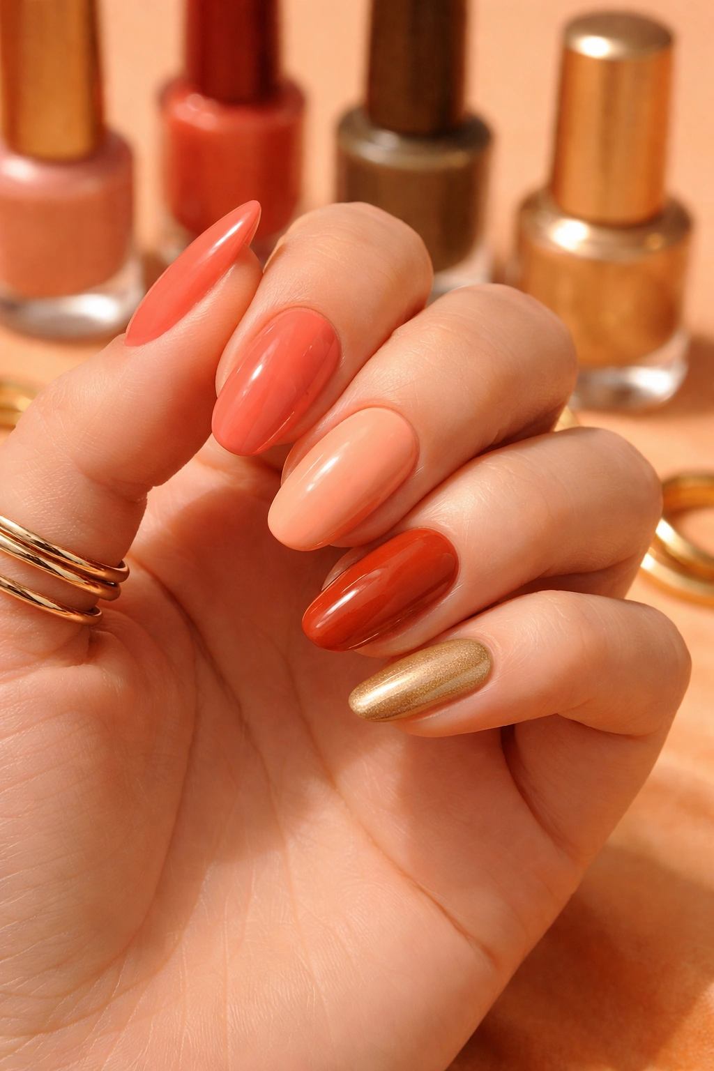 Nails painted in coral, peach, rust, olive, and gold on warm undertones