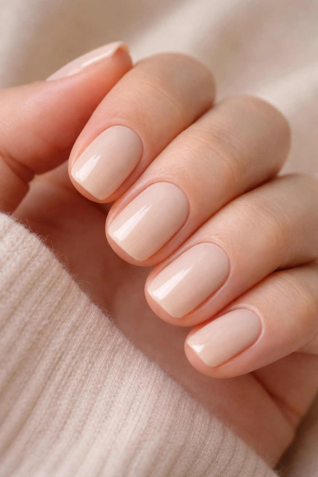 Close-up of warm vanilla nails with natural sheen on light-toned skin