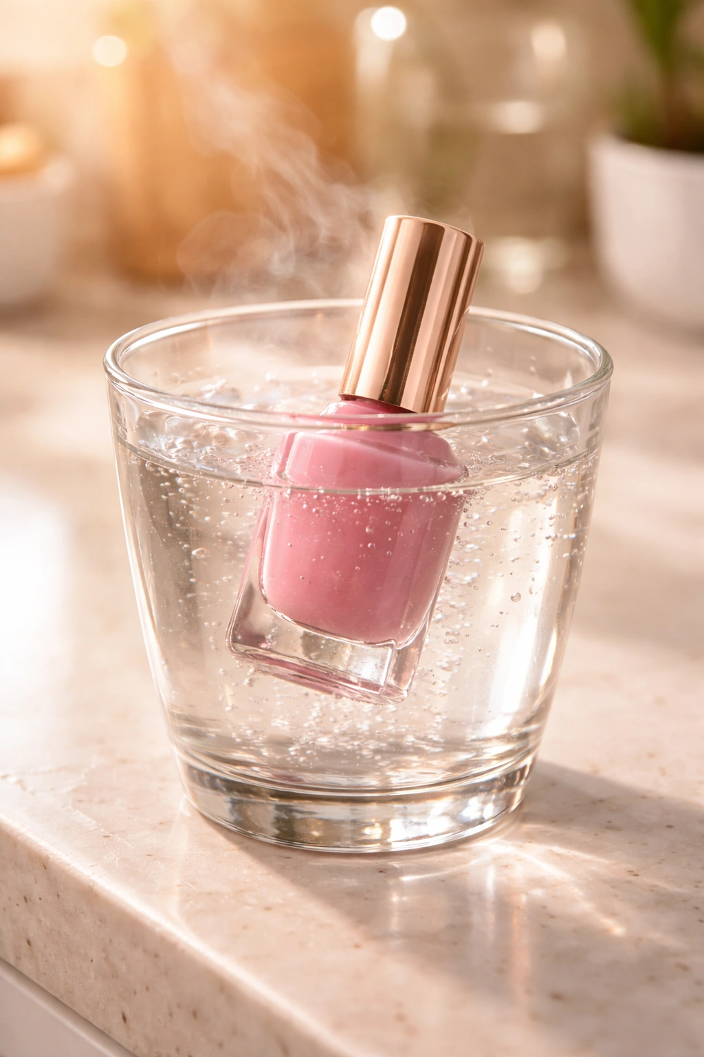 Nail polish bottle immersed in warm water for thinning