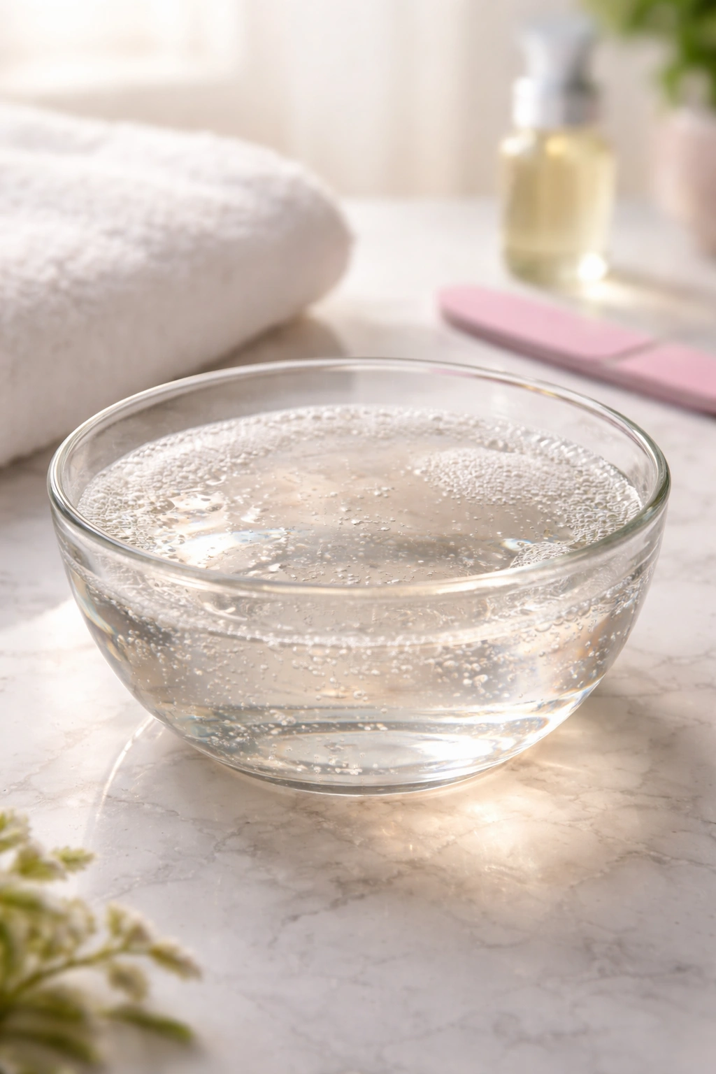 Glass bowl with warm water ready for nail soaking