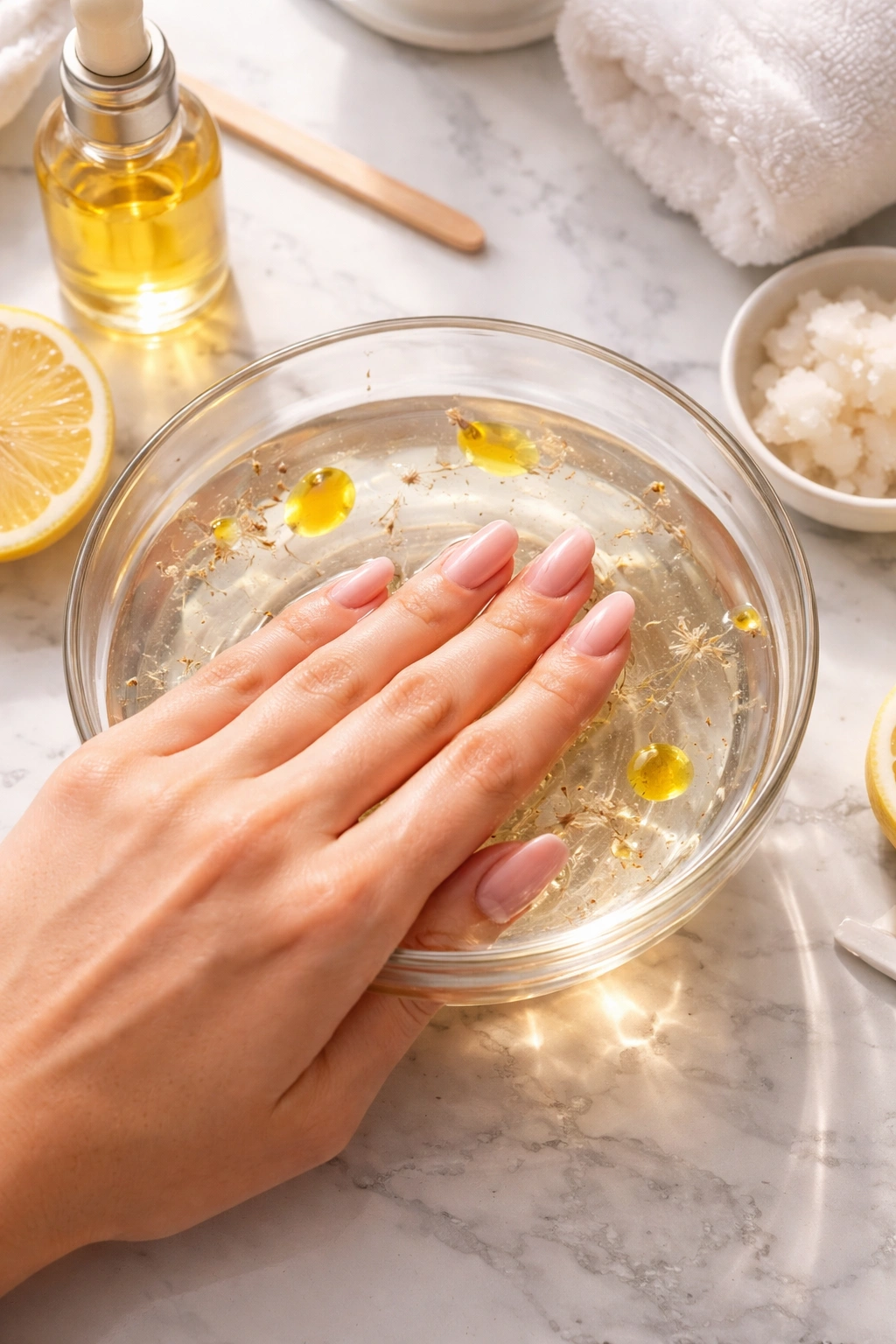Hand soaking in warm water with oil for acrylic removal alternative