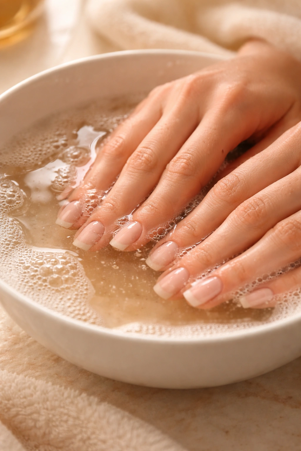 Hands soaking in warm, soapy water for gentle polish removal.