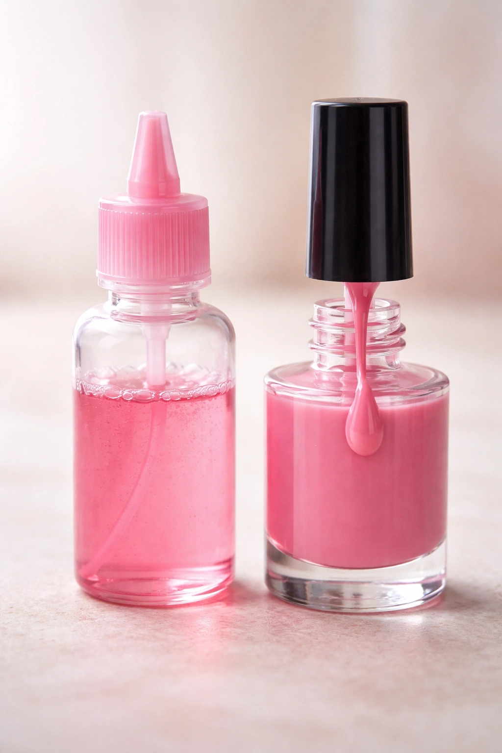 Two nail paint bottles showing water-based versus regular polish texture
