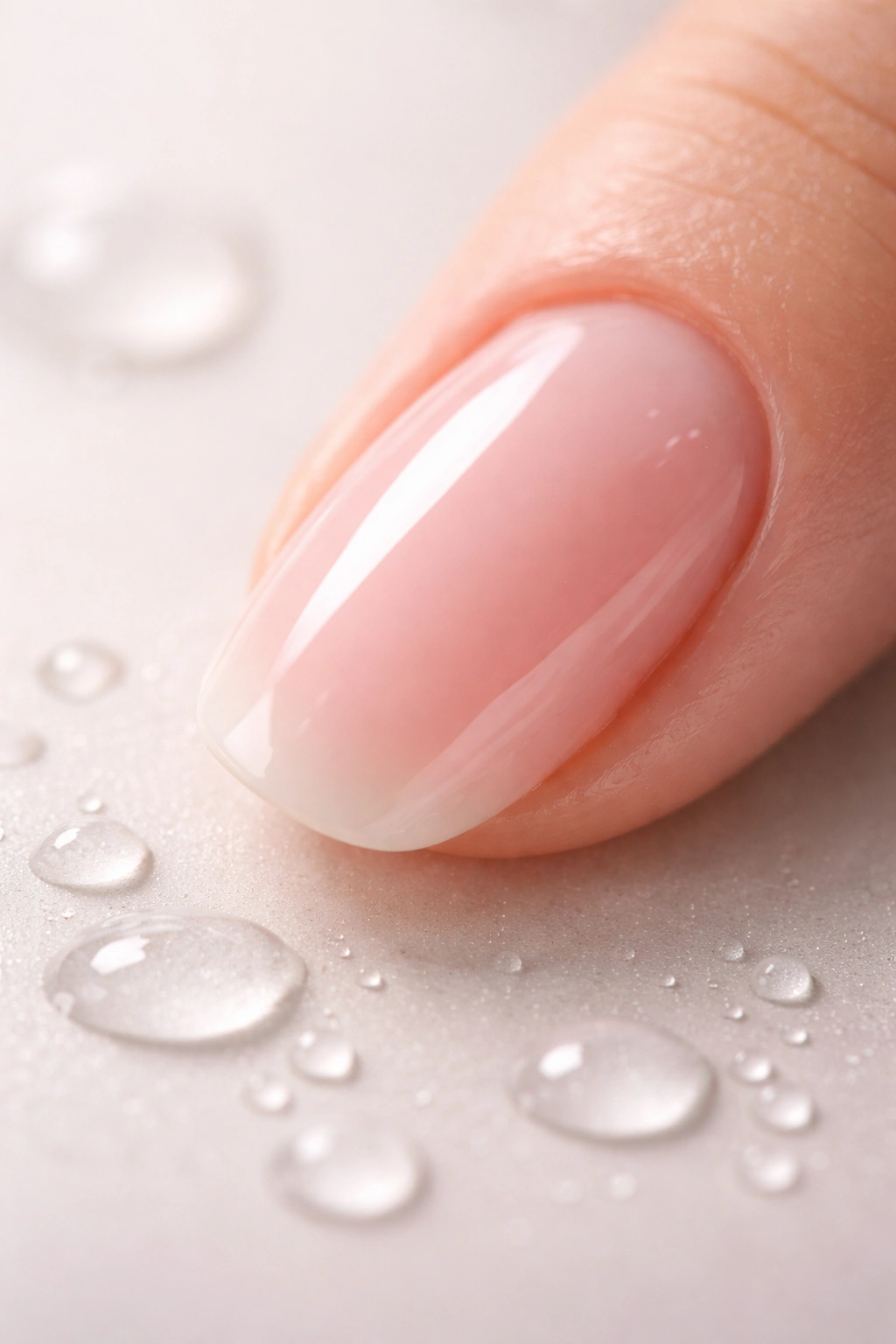 Nail with gel finish and nearby water droplets to imply water exposure
