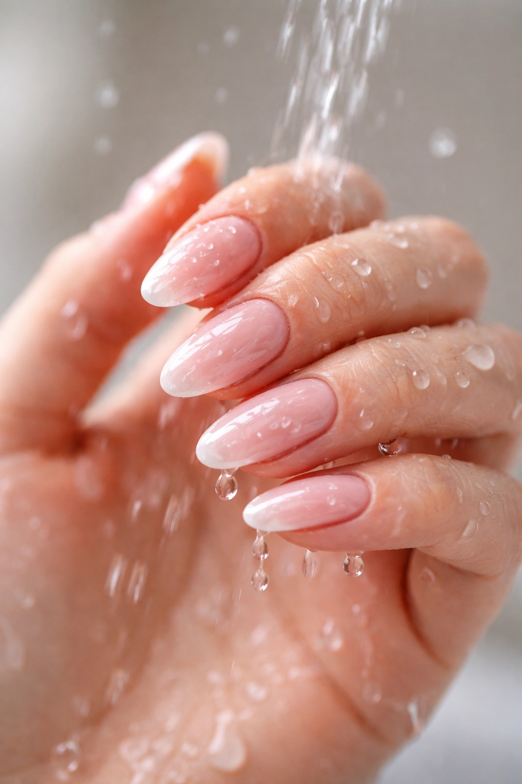 Close-up of a hand with glossy press-on nails and water droplets on the nails