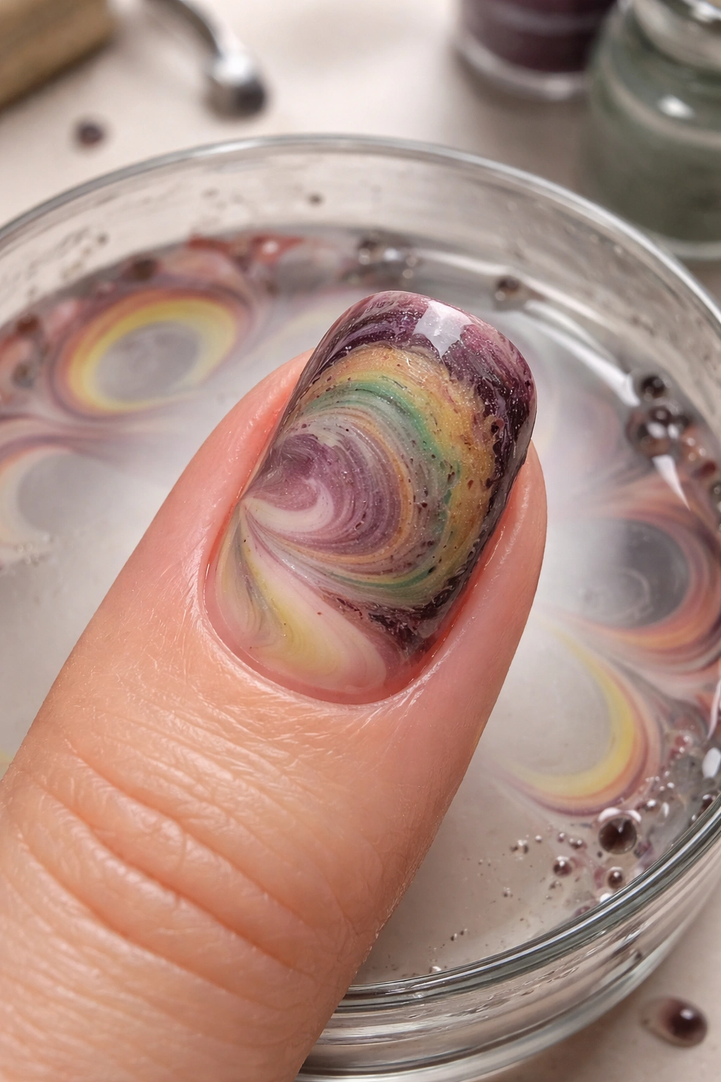 Close-up fingernail showing imperfect water marble swirl with muddy colors and uneven rings