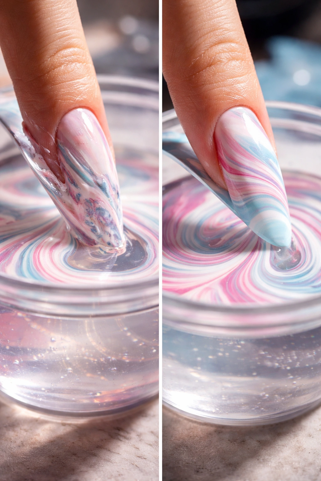 Close-up of nails showing incorrect and correct dipping angles in water marble
