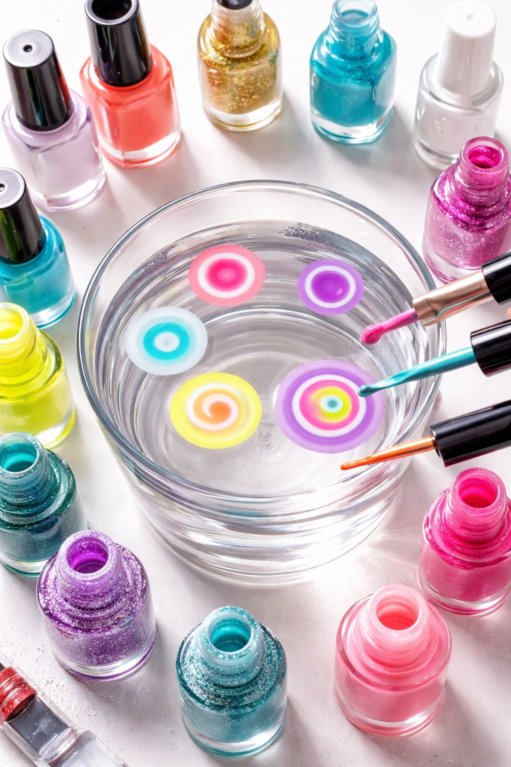 Close-up of polish bottles and water marble color tests showing floating rings.