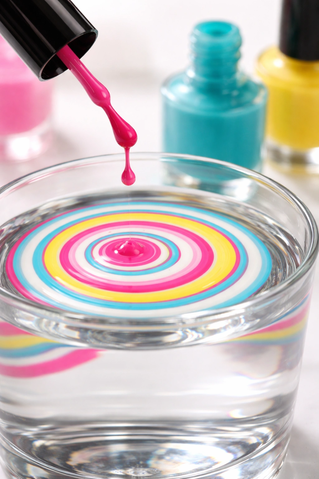 Macro of a polish drop hitting water forming rings for water marble.