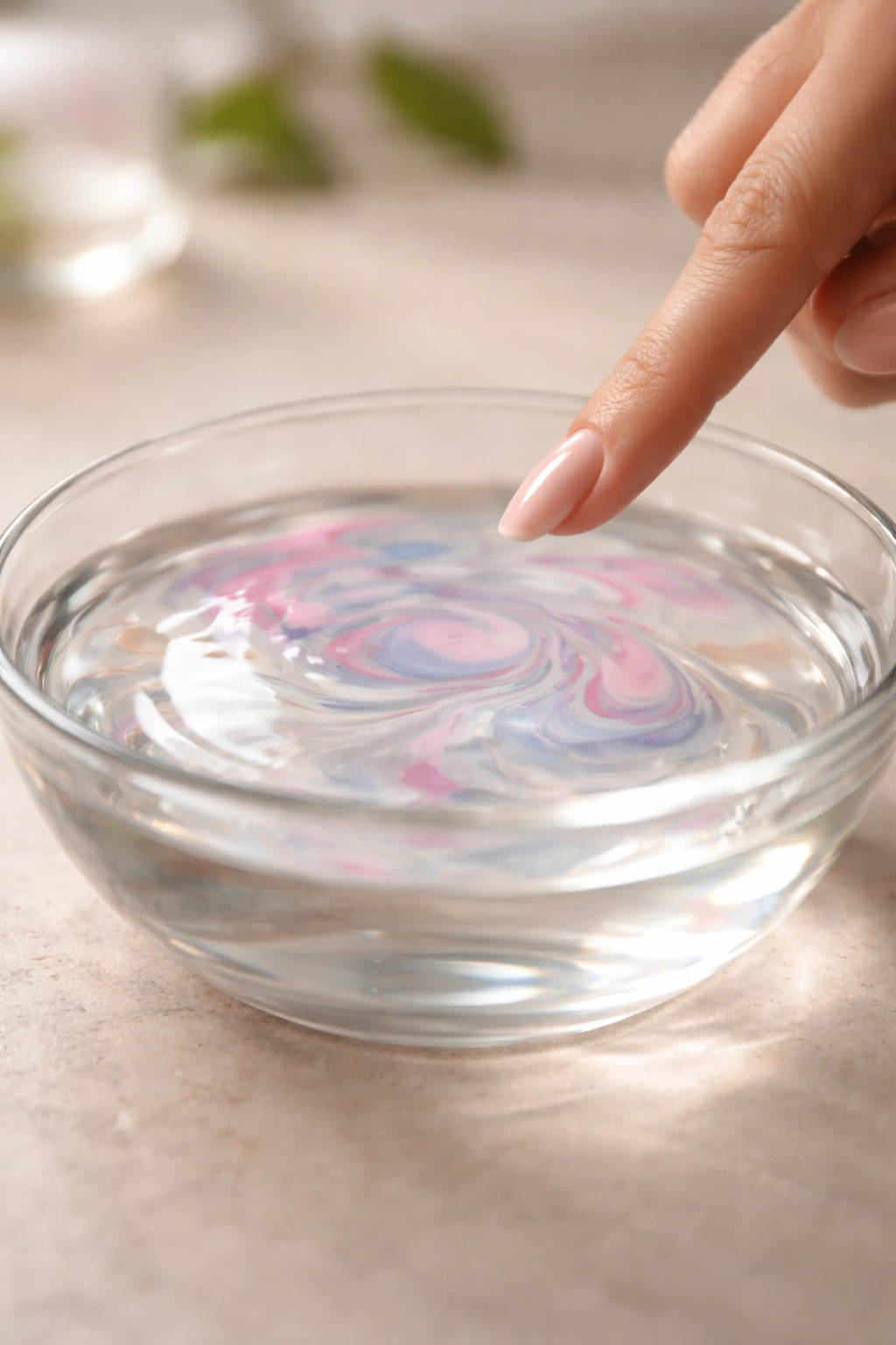 Finger approaching a bowl of water with subtle marbling rings on the surface