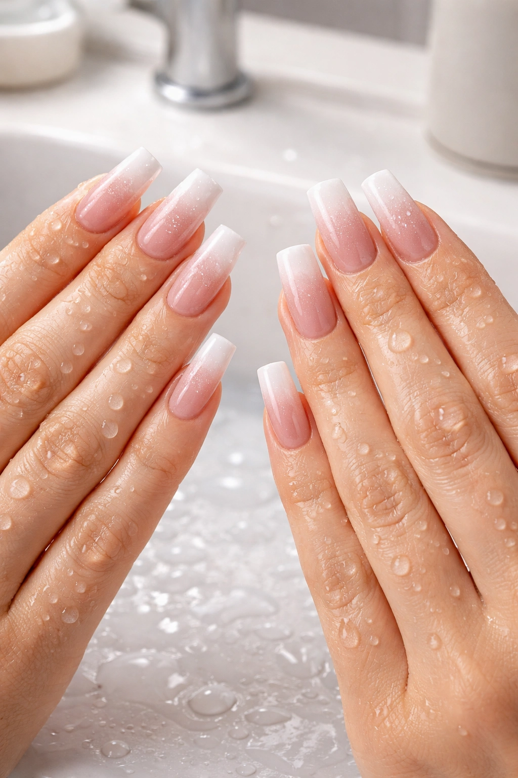 Hands with acrylic and gel nails near water droplets showing moisture exposure differences