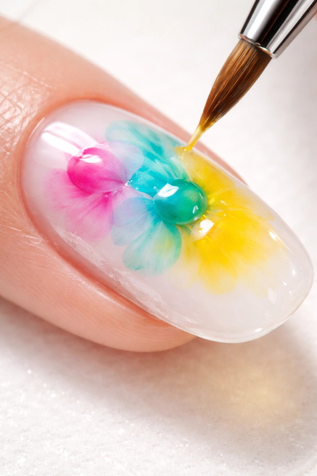 Nail showing watercolor bloom effects from color droplets on uncured blooming gel