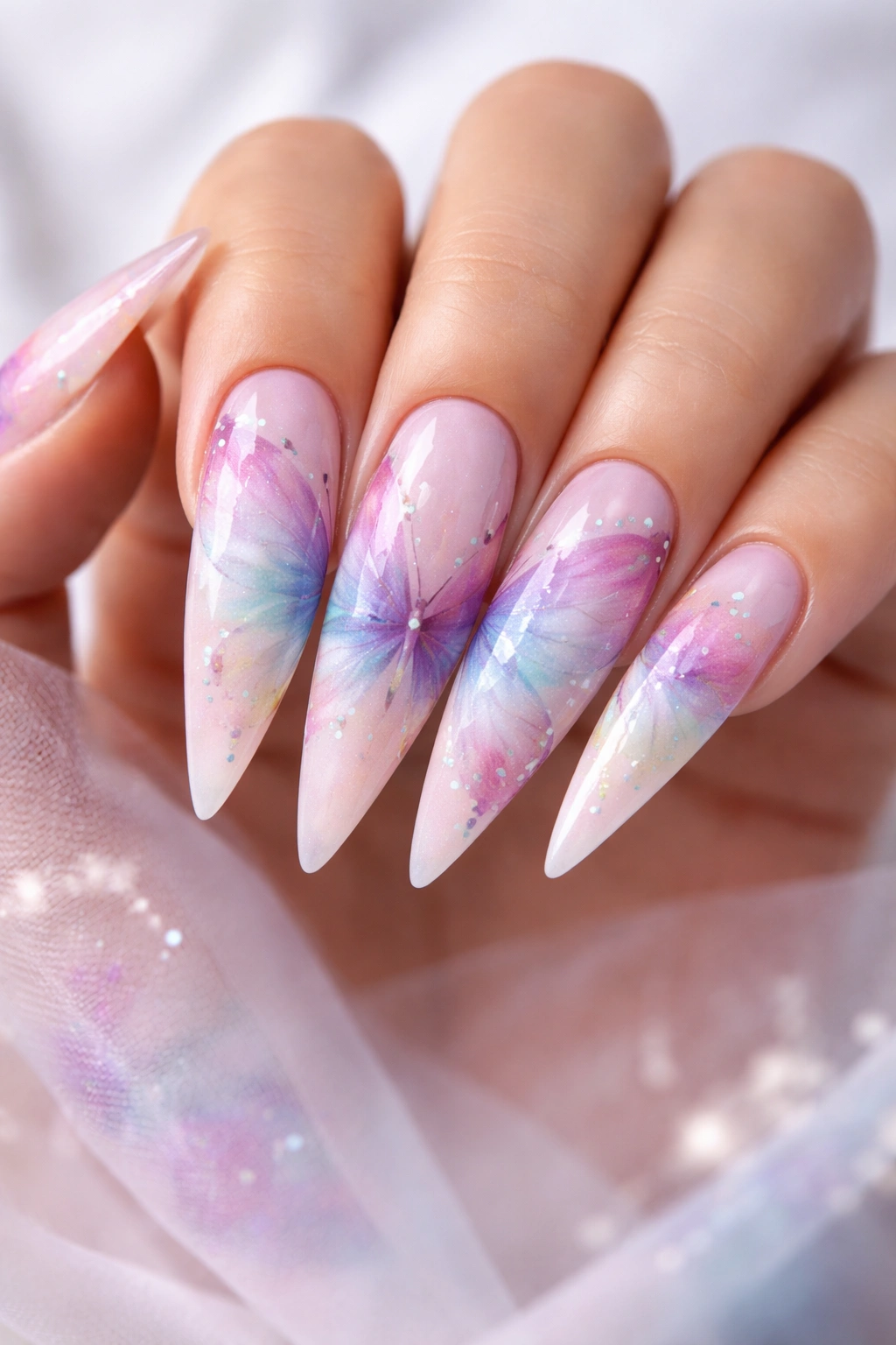 Nail art with watercolor butterfly in soft blended colors on stiletto nails