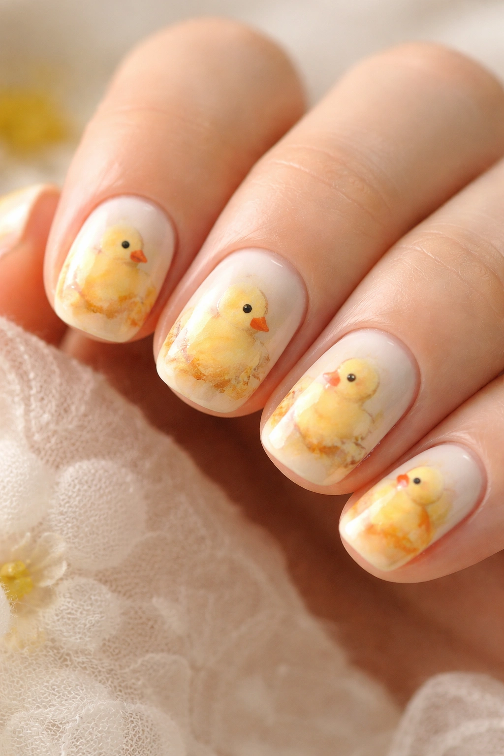 Impressionistic watercolor duck portrait on short nails in pale and golden yellows