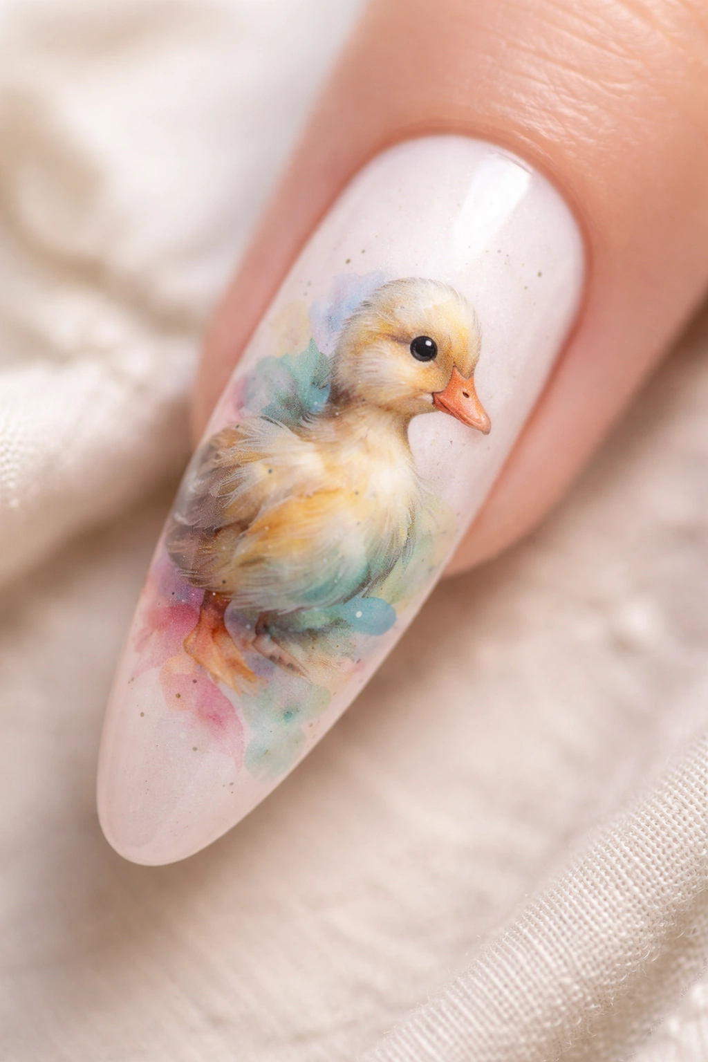 Watercolor duck design on long nail