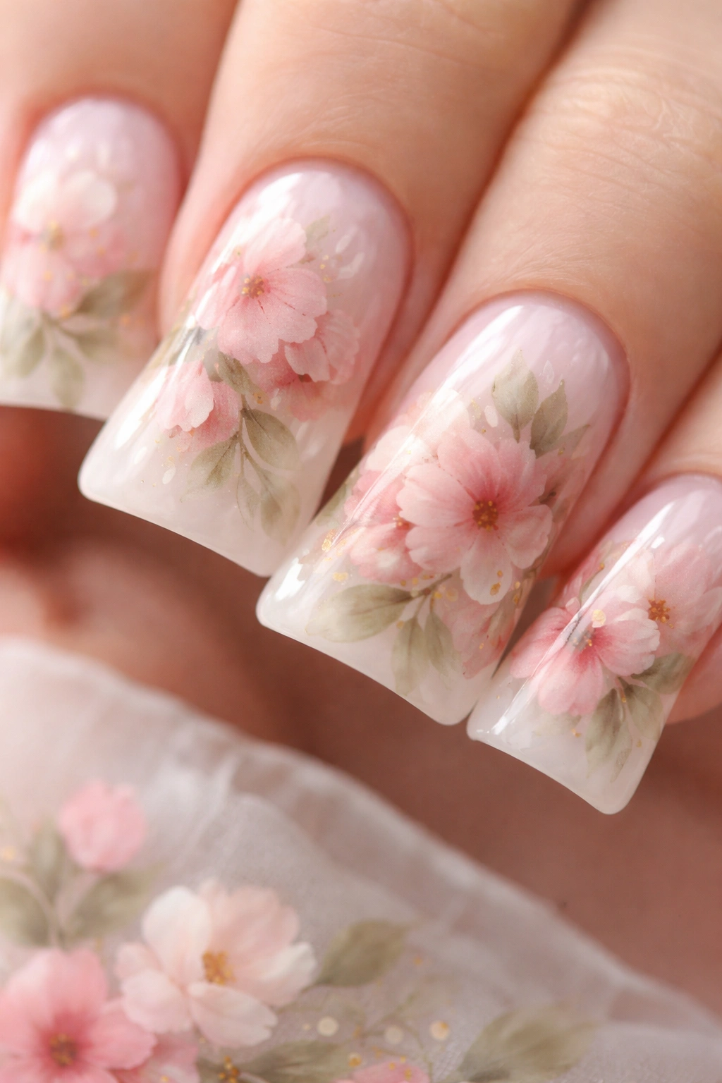 Close-up of a duck nail with watercolor floral garden design on pale base