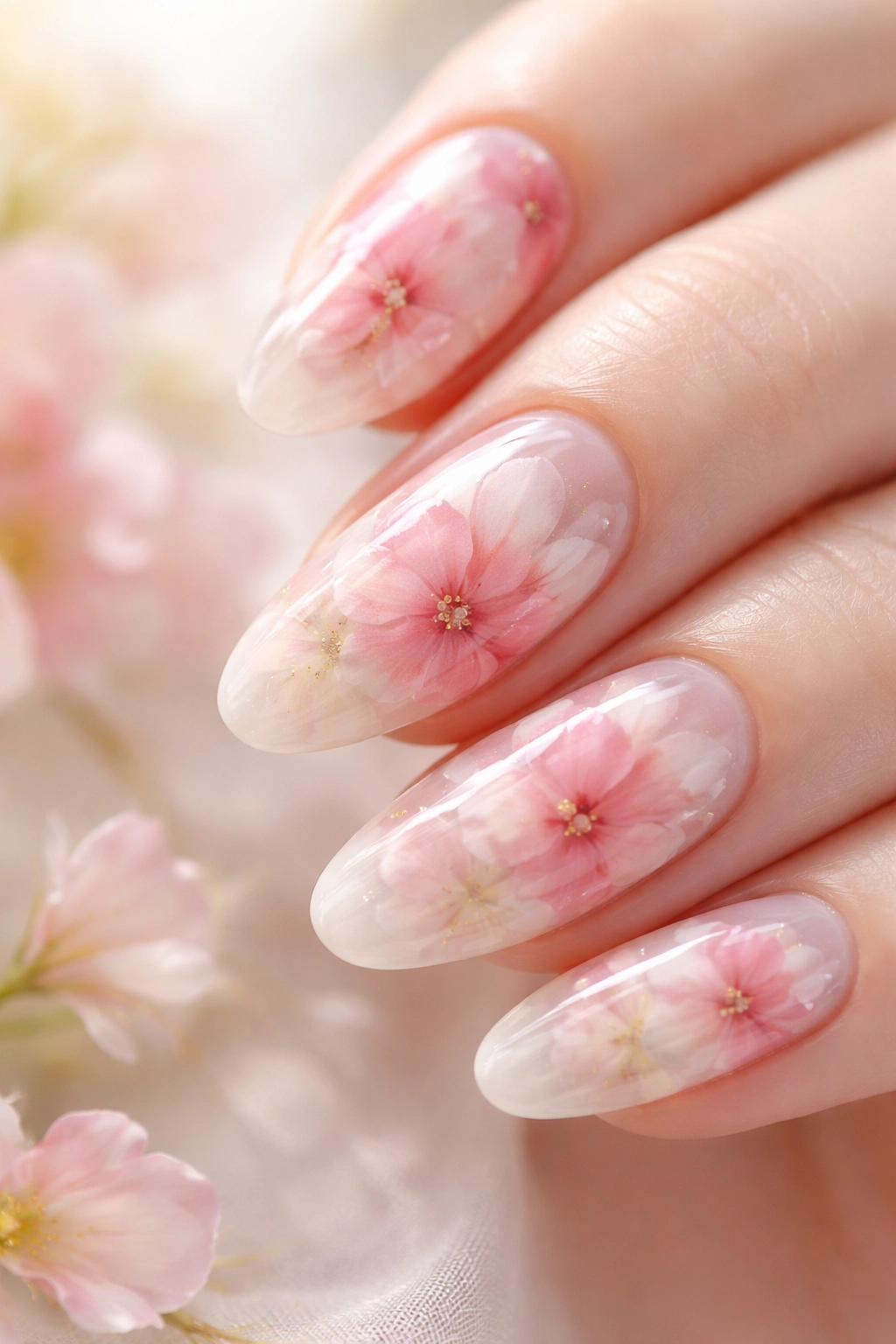 Close-up of watercolor floral blooming gel nail with soft pink and cream petals