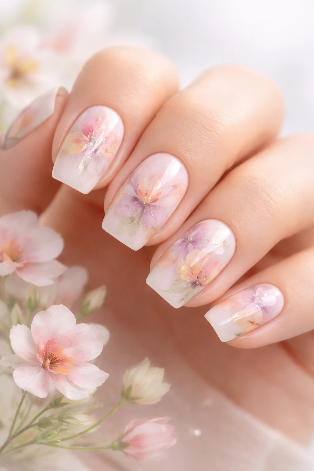 Squoval nails with watercolor floral design on neutral base
