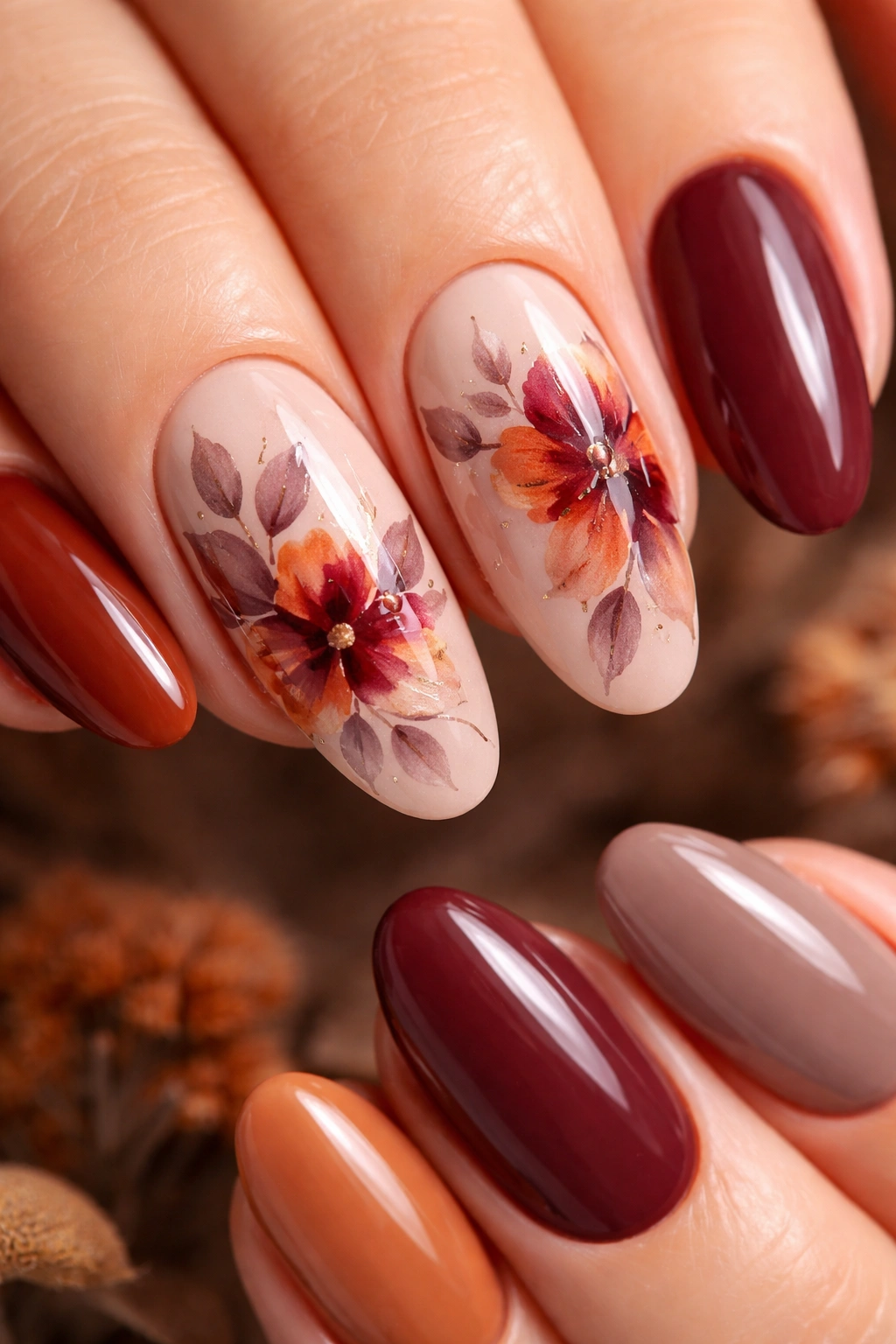 Watercolor floral nails in burgundy and orange on a nude base with muted leaves
