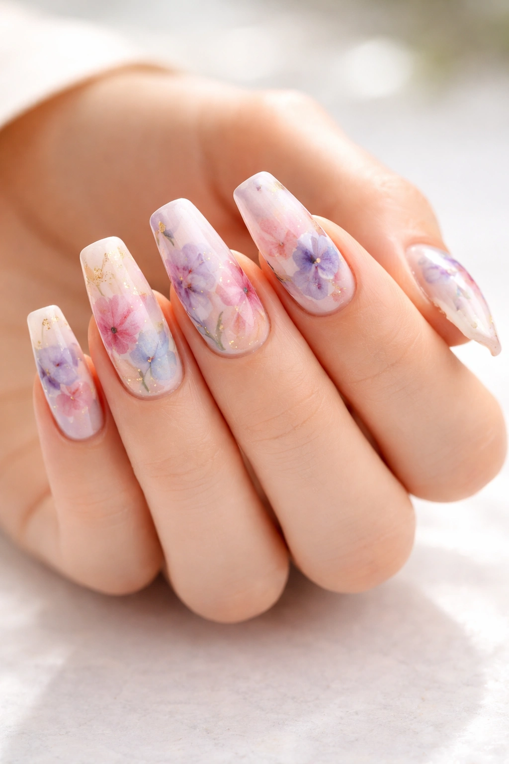 Medium coffin nails with watercolor floral design in soft washes on pale base