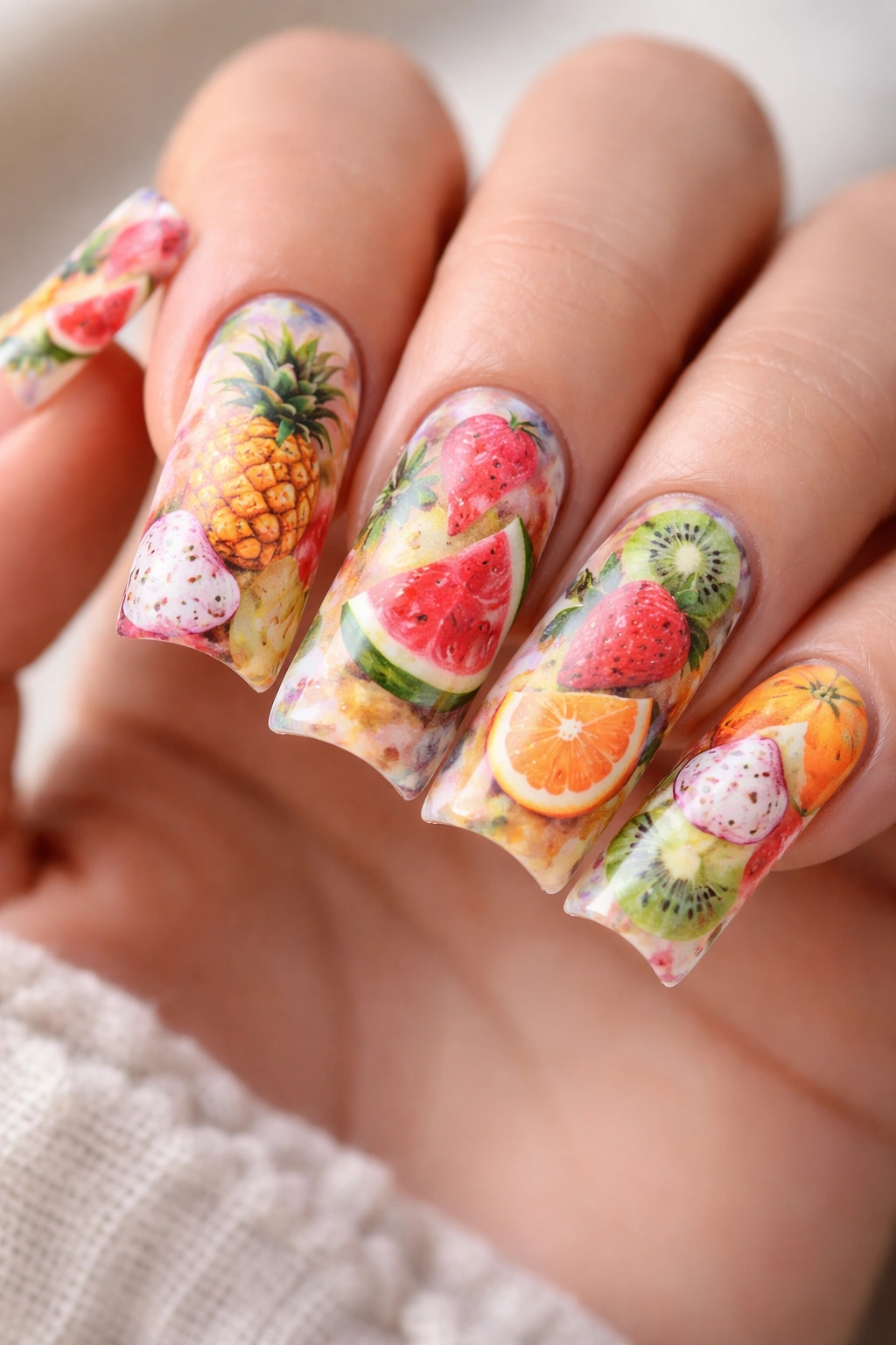 Close-up of duck nails with watercolor tropical fruit designs on a white background