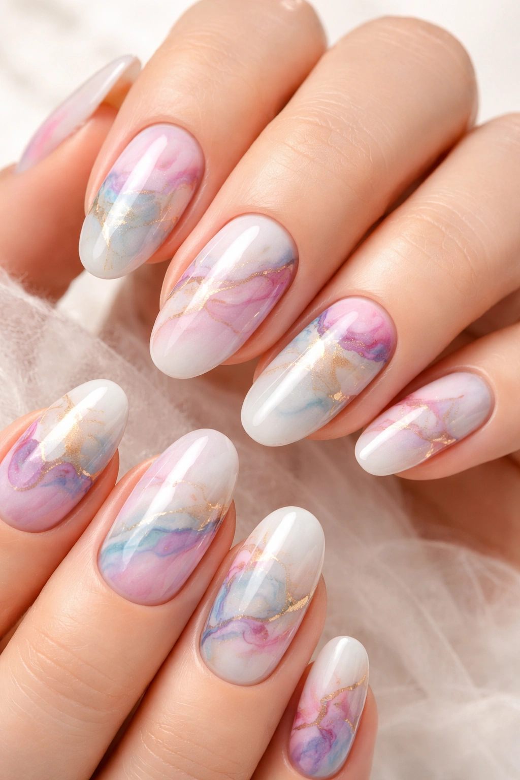 Nails with watercolor marble manicure showing soft swirls